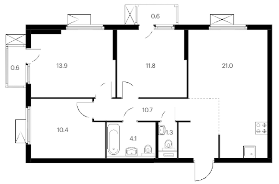 3-комнатная квартира 74.4 м², 13/14 эт., ЖК «Витебский парк»